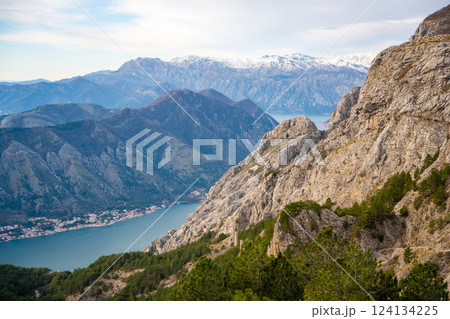 Panoramic view of Kotor Bay Boca and mountains from mountain view point in Montenegro in winter time 124134225