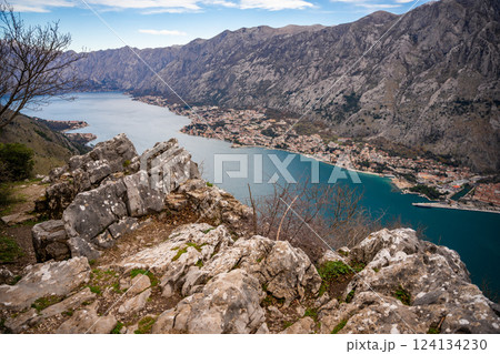 Panoramic view of Kotor town and Bay Boca from mountain view point in Montenegro in winter time 124134230