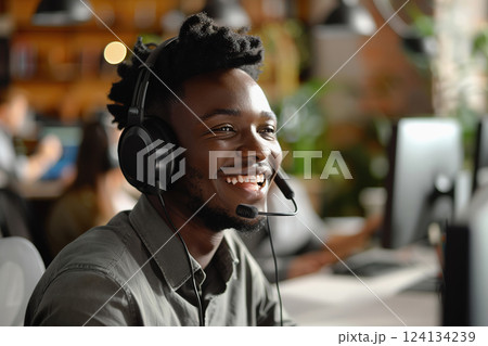Smiling black male customer service agent assisting customers in bustling office environment. 124134239