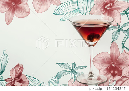 Elegant espresso martini in delicate coupe glass with botanical floral backdrop, copy space. 124134245