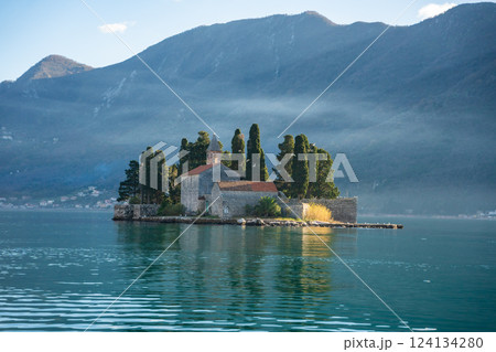 View from water of St. George Island near town Perast, Kotor bay, Montenegro 124134280