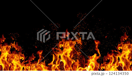 Bright orange flames and sparks on black background 124134350