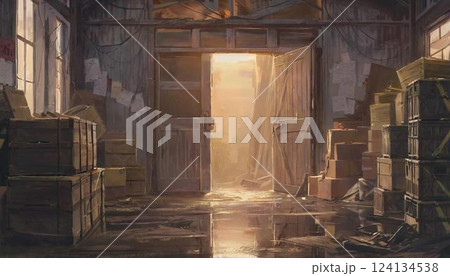 片ドアの空いた古い倉庫内 124134538