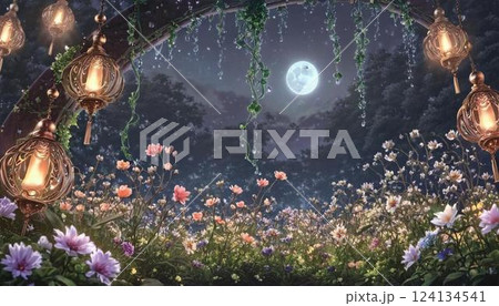 アーチがかる木にぶら下がるランプと月、花が見えるショット 124134541