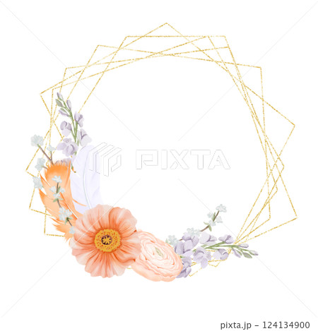 Golden geometric frame, Wreath from spring flowers in pastel colors. Iceland Poppies, Ranunculus, Freesia and Snow willow branches, decorated with Feathers. Watercolor hand drawn illustration isolated Golden geometric frame, Wreath from spring flowers in pastel colors. Iceland Poppies, Ranunculus, Freesia and Snow willow branches, decorated with Feathers. Watercolor hand drawn illustration isolated 124134900