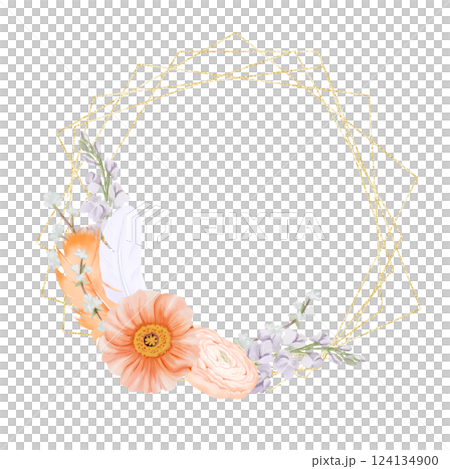 Golden geometric frame, Wreath from spring flowers in pastel colors. Iceland Poppies, Ranunculus, Freesia and Snow willow branches, decorated with Feathers. Watercolor hand drawn illustration isolated Golden geometric frame, Wreath from spring flowers in pastel colors. Iceland Poppies, Ranunculus, Freesia and Snow willow branches, decorated with Feathers. Watercolor hand drawn illustration isolated 124134900