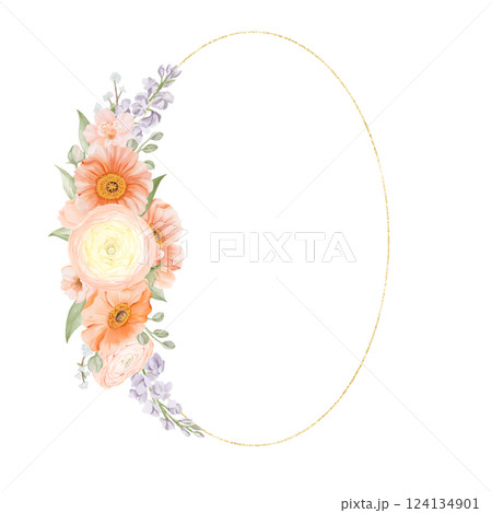 Golden oval frame with Spring Flowers. Ranunculus, Iceland Poppies, Freesia, Peach or Cherry and Snow Willow Branches. Hand painted botanical illustration isolated on a white background. Floral art Golden oval frame with Spring Flowers. Ranunculus, Iceland Poppies, Freesia, Peach or Cherry and Snow Willow Branches. Hand painted botanical illustration isolated on a white background. Floral art 124134901