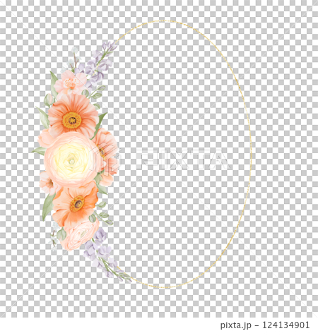 Golden oval frame with Spring Flowers. Ranunculus, Iceland Poppies, Freesia, Peach or Cherry and Snow Willow Branches. Hand painted botanical illustration isolated on a white background. Floral art Golden oval frame with Spring Flowers. Ranunculus, Iceland Poppies, Freesia, Peach or Cherry and Snow Willow Branches. Hand painted botanical illustration isolated on a white background. Floral art 124134901