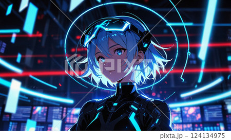 女性サイボーグのアニメイラスト 124134975