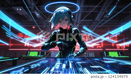 女性サイボーグのアニメイラスト 124134979