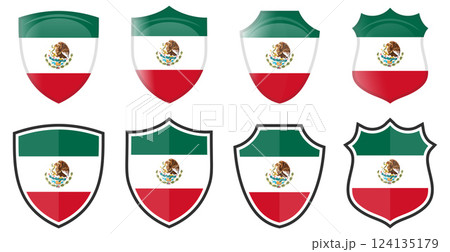 Vertical Mexican flag in shield shape, four 3d and simple versions. Mexico icon / sign 124135179