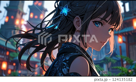 青い薔薇と女性 124135182