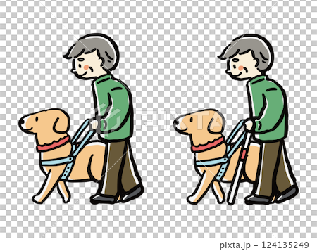 盲導犬を連れて散歩する男性の高齢者のイラストセット(白杖あり、なし) 124135249