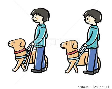 盲導犬を連れて散歩する男性のイラストセット(白杖あり、なし) 盲導犬を連れて散歩する男性のイラストセット(白杖あり、なし) 124135251