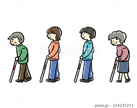 白杖を使って歩く老若男女のイラストセット 白杖を使って歩く老若男女のイラストセット 124135253