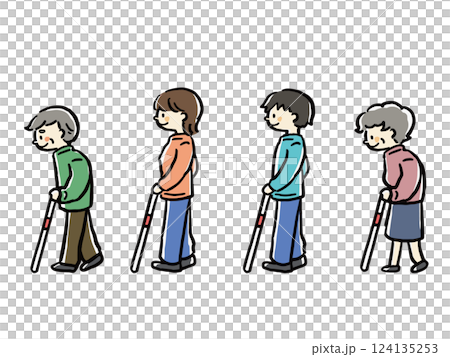 插圖集各年齡層拄著白拐杖行走的男性與女性 124135253