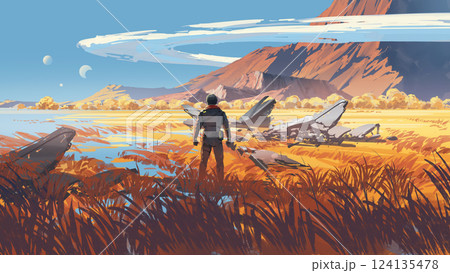 Survivor gazing at the remains of a spaceship in an open field 124135478