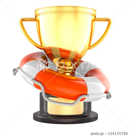 Gold trophy cup award with lifebelt, 3D rendering Gold trophy cup award with lifebelt, 3D rendering 124135798