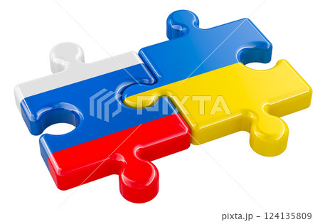 Ukraine and Russia puzzles from flags, relation concept. 3D rendering 124135809