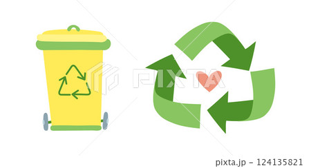 Recycling bin with arrows and heart symbol. Promotes ecofriendly waste management, zero waste lifestyle, sustainability practices, and environmental conservation 124135821