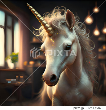 portrait of cutest adorable Unicorn baby with golden horn  running against cozy home background. Digital artwork. Ai generated 124135825