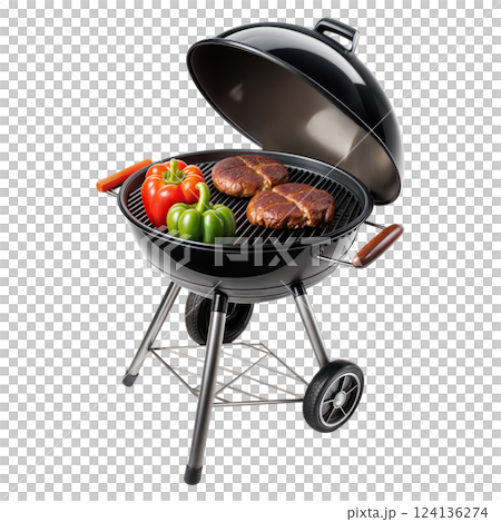 There is a barbecue grill sizzling with hamburgers and colorful peppers on it There is a barbecue grill sizzling with hamburgers and colorful peppers on it 124136274