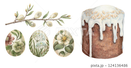 Vintage Easter watercolor set with floral painted eggs a classic holiday cake, and a blooming willow branch. Hand drawn nostalgic and elegant illustration. Perfect for card design and seasonal decor. Vintage Easter watercolor set with floral painted eggs a classic holiday cake, and a blooming willow branch. Hand drawn nostalgic and elegant illustration. Perfect for card design and seasonal decor. 124136486