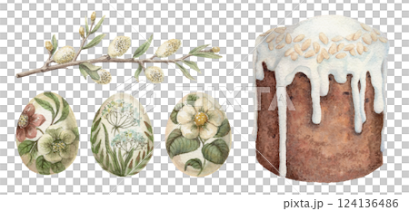 Vintage Easter watercolor set with floral painted eggs a classic holiday cake, and a blooming willow branch. Hand drawn nostalgic and elegant illustration. Perfect for card design and seasonal decor. Vintage Easter watercolor set with floral painted eggs a classic holiday cake, and a blooming willow branch. Hand drawn nostalgic and elegant illustration. Perfect for card design and seasonal decor. 124136486