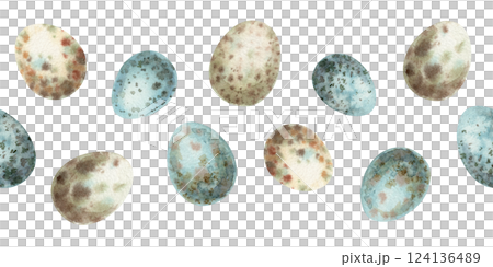 Easter seamless border with blue and beige quail egg in vintage style. Hand drawn watercolor design of scattered small eggs. Graphic print ideal for card template. Perfect for spring holiday season. 124136489