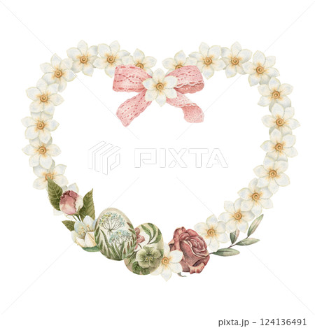 Heart shape wreath with rose flower and Easter egg in vintage style. Hand drawn watercolor decorative festive design. Graphic drawing for greeting card template. Perfect for spring holiday season. 124136491