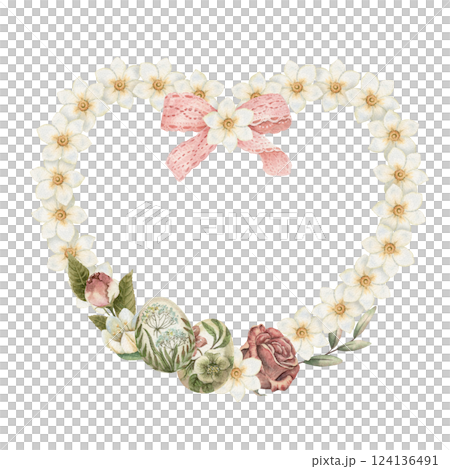 Heart shape wreath with rose flower and Easter egg in vintage style. Hand drawn watercolor decorative festive design. Graphic drawing for greeting card template. Perfect for spring holiday season. Heart shape wreath with rose flower and Easter egg in vintage style. Hand drawn watercolor decorative festive design. Graphic drawing for greeting card template. Perfect for spring holiday season. 124136491
