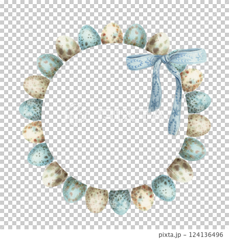 Easter wreath with quail egg and ribbon in vintage style. Hand drawn watercolor decorative festive design. Graphic circle frame with bow for greeting card template. Perfect for spring holiday season. Easter wreath with quail egg and ribbon in vintage style. Hand drawn watercolor decorative festive design. Graphic circle frame with bow for greeting card template. Perfect for spring holiday season. 124136496