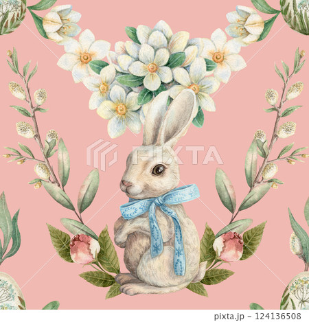 Easter seamless pattern with cute bunny and flower garland on the pink background. Hand drawn watercolor design in vintage style. Art print ideal for wallpaper. Perfect for holiday fabric and paper. 124136508