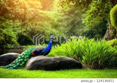 Majestic Peacock with Vibrant Feathers Displaying Beauty in Serene Natural Setting 124136851