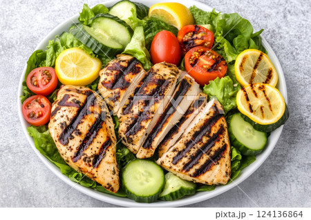 Grilled Chicken Salad with Fresh Vegetables and Citrus Garnish on a White Plate 124136864