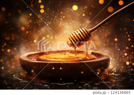Varieties of Honey Dripping from Wooden Honey Dipper on Rustic Platter with Sparkling Background 124136865