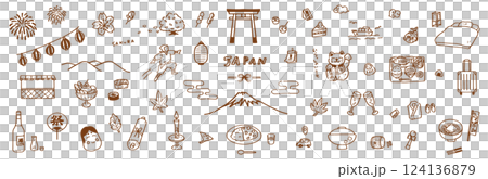 日本文化和旅遊手繪向量插圖圖示集。日本料理和自然。日本旅行圖。 124136879