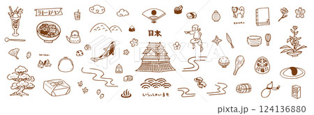 日本文化や観光の手書きベクターイラストアイコンセット。日本の食事や自然。日本旅行のイメージ。 124136880