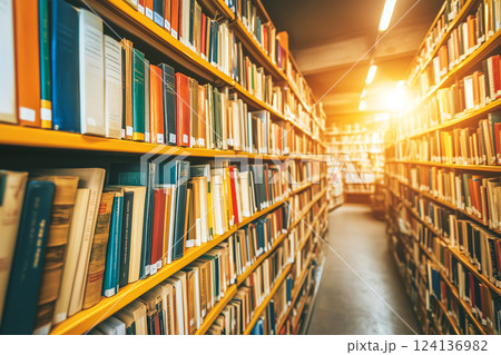Serene Library Aisle with Sunlight Illuminating Colorful Books on Shelves in Quiet Atmosphere 124136982