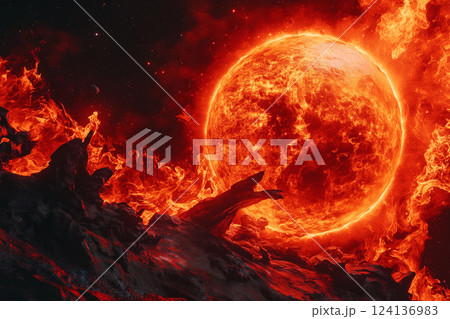 Bright Sun Against a Dark Starry Sky in the Vast Solar System with Fiery Elements 124136983