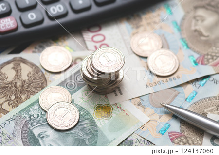 Polish money, coins stack, polish currency concept 124137060