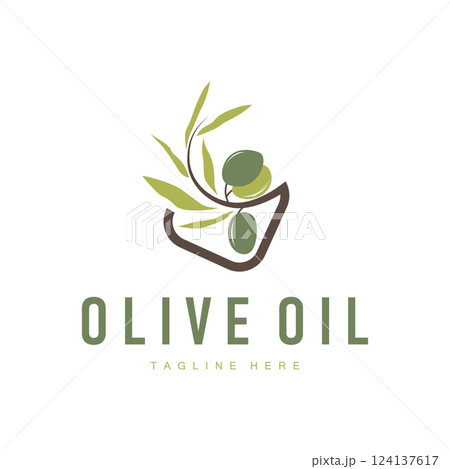 vintage design of olive plant, garden plant producing olive oil, illustration of simple olive logo, symbol, template 124137617