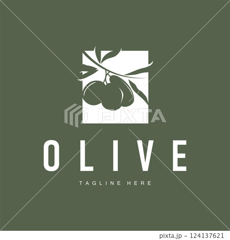 vintage design of olive plant, garden plant producing olive oil, illustration of simple olive logo, symbol, template vintage design of olive plant, garden plant producing olive oil, illustration of simple olive logo, symbol, template 124137621