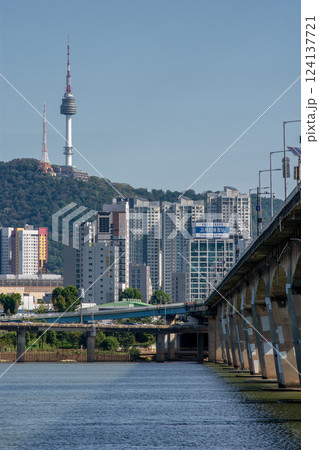 View of Han river Hangang and urban cityscape of Seoul, capital of South Korea View of Han river Hangang and urban cityscape of Seoul, capital of South Korea 124137721