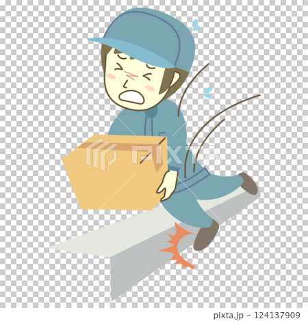 一名男工人在搬運紙箱時被階梯絆倒 124137909