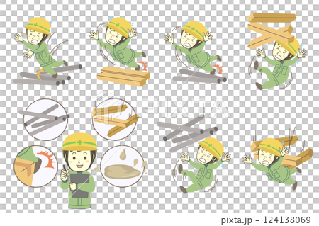 A set of male construction workers considering fall prevention measures for iron pipes, wood, etc. 124138069