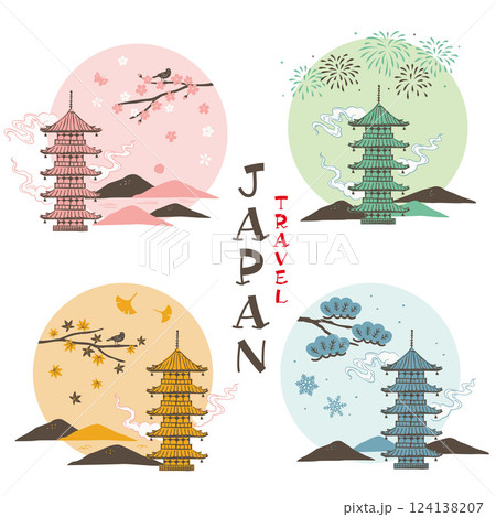 五重塔と四季の風景セット　日本旅行のコンセプト 124138207