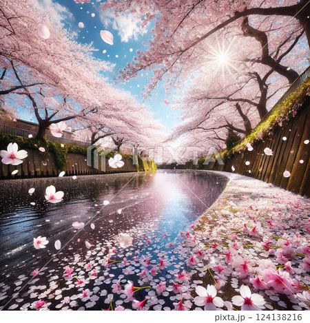 風に舞う桜の花びらと春の川辺 124138216