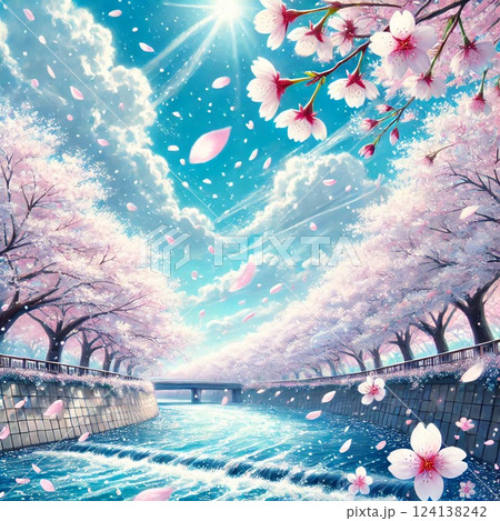 桜吹雪が彩る春の空と水辺 桜吹雪が彩る春の空と水辺 124138242