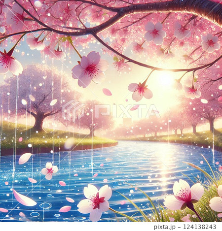 桜吹雪が彩る春の空と水辺 桜吹雪が彩る春の空と水辺 124138243
